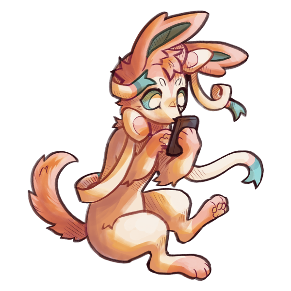 A digital drawing of a sylveon, facing slightly left, intensly focused on playing with a smartphone. The smartphone has a plain black case.