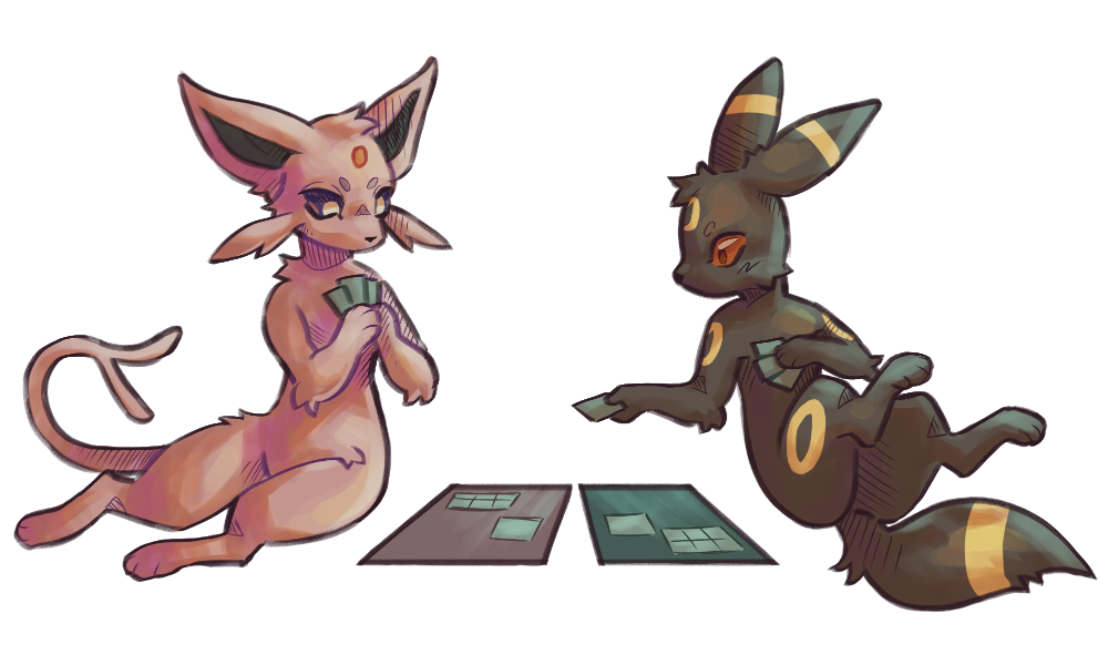 A digital drawing of an espeon (left) 
        and an umbreon (right) playing Pokemon TCG on the floor. The espeon has a purple game mat and the umbreon
        has a blue-green game mat.