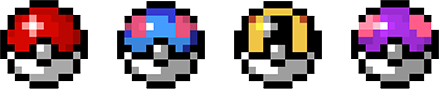 Four pixel sprites of Pokeballs in row, with a normal Pokeball, 
        a Great Ball, an Ultra Ball, and a Master Ball respectively, starting from the left.